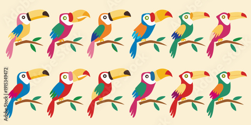 Colorful toucans perched on branches in a repeating pattern