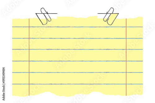 Yellow lined paper secured with two silver paper clips