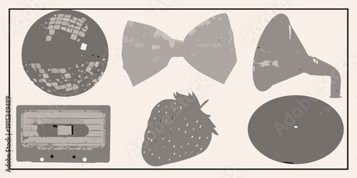 A collection of retro objects depicted as grayscale silhouettes