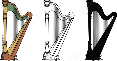 Harp silhouette & Outline and illustration set isolated on transparent background