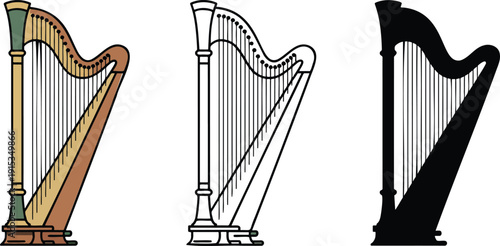 Harp silhouette & Outline and illustration set isolated on transparent background