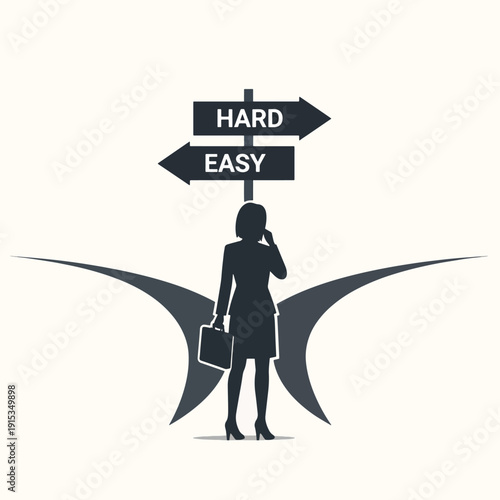 A professional woman in a business suit stands under a signpost with hard and easy directions.