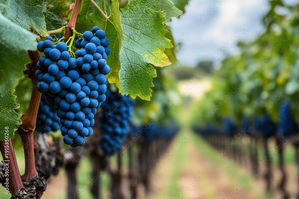 Naklejka premium Close up of blue grapes hanging from a branch in a vineyard