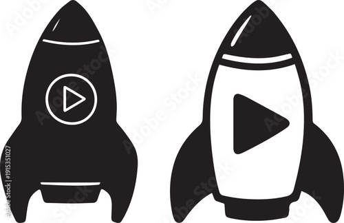 Two rocket ships with play buttons on a white background vector silhouette