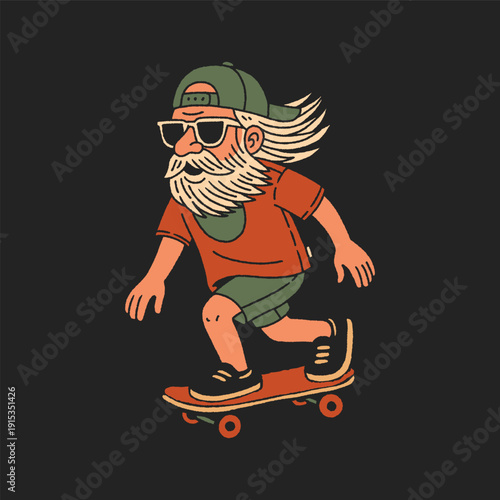 Man with beard wearing cap and sunglasses riding skateboard. Cartoon vector illustration isolated on dark background. Skateboarding and street culture concept. Design for sticker, print, t-shirt.