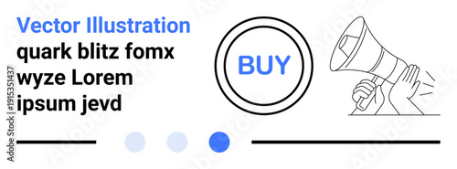 Buy button beside a megaphone graphic symbolizing promotional messaging. Ideal for advertisement, e-commerce, marketing strategy, online shopping, branding, digital sales, simple landing page