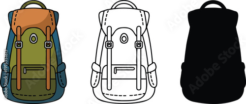 Hiking backpack silhouette & Outline and illustration set isolated on transparent background
