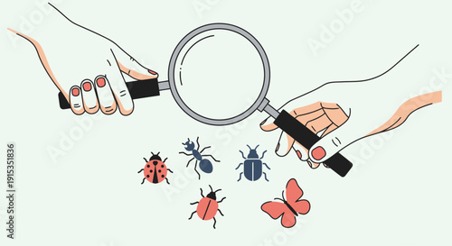 Hands with Magnifying Glass Examining Insects and Butterfly