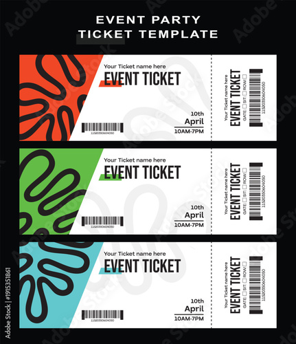 Customizable event party ticket template featuring three distinct color variations for vibrant access control solutions