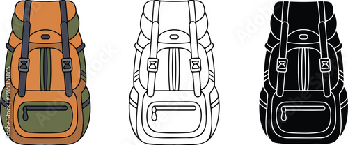 Hiking backpack silhouette & Outline and illustration set isolated on transparent background