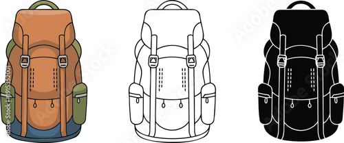 Hiking backpack silhouette & Outline and illustration set isolated on transparent background