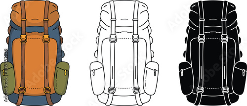 Hiking backpack silhouette & Outline and illustration set isolated on transparent background