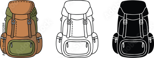 Hiking backpack silhouette & Outline and illustration set isolated on transparent background