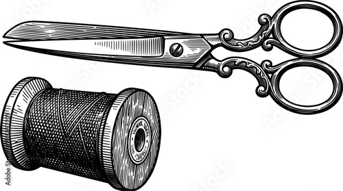 Antique Sewing Scissors And Spool Of Thread Isolated On White Background