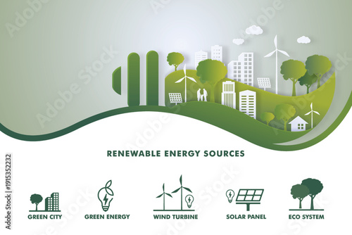 Green city and alternative renewable energy sources set. ESG as environmental social and governance concept. Paper art Vector illustration.