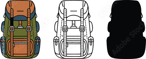 Hiking backpack silhouette & Outline and illustration set isolated on transparent background