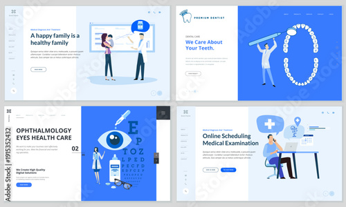 Sky Blue Healthcare Services UI Kit 4 Medical Landing Page Modules with Minimalist Characters for Family, Dental, Vision and Telehealth