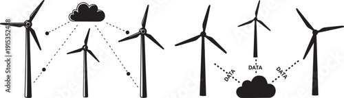 A graphic illustration of wind turbines generating electricity from clouds vector silhouette