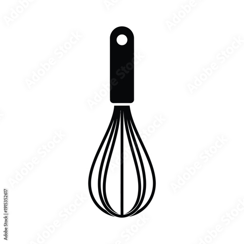 Black kitchen whisk silhouette icon for culinary mixing and baking preparation, isolated on white background for professional food branding and restaurant menu design, clean minimalist vector.