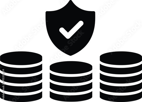 Secure financial protection with shield and stacks of coins