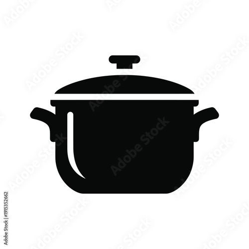 Minimalist black cooking pot icon with lid and handles representing culinary arts and home cooking, isolated on a white background for kitchenware design and food-related branding.