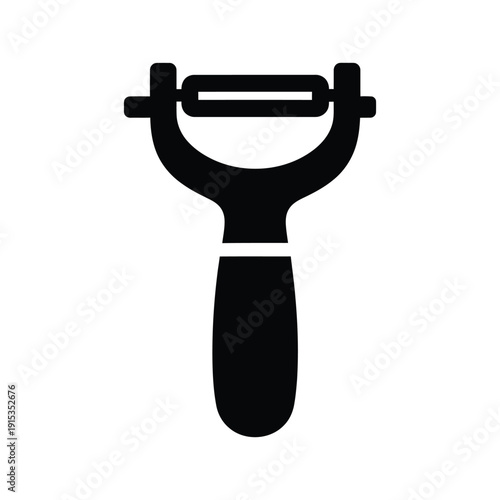 Black vegetable peeler icon representing food preparation and kitchen utility, isolated on a white background for graphic design and culinary branding, minimalist flat vector style.