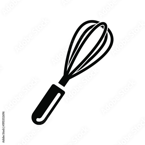 Minimalist black whisk icon representing culinary preparation and baking tools, isolated on a white background for graphic design, kitchen branding, and professional cooking applications.