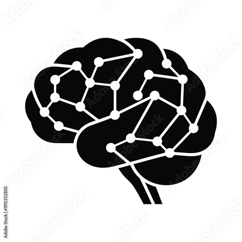 Human brain silhouette with neural network nodes and connections representing artificial intelligence, machine learning, and cognitive processing, minimalist flat vector icon on white background.