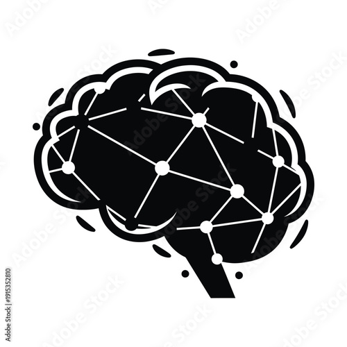 Human Brain Silhouette with Integrated Neural Network Nodes and Connections Representing Artificial Intelligence, Cognitive Processing, and Digital Data Networking in a Clean Minimalist Style