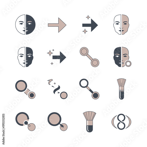 A flat lay of various makeup and beauty icons including faces, brushes, and tools in a simple, minimalist style with a predominantly beige and black color scheme against a clean white