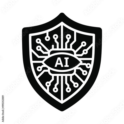 Artificial Intelligence Security Shield Icon Representing Cyber Protection and Data Privacy for Machine Learning Systems in a Minimalist Black and White Vector Graphic Style for Tech Branding.