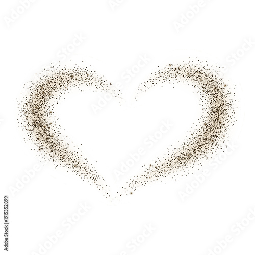 An abstract heart made of small brown particles of dust, sand, and glitter.
