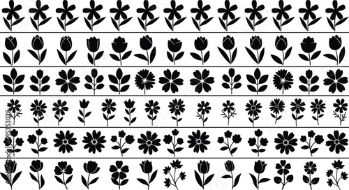 Collection of black floral silhouettes and leaves on a white background Keywords: floral, flowers, leaves, plants, nature