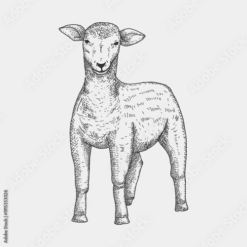 Hand Drawn Lamb Farm Animal Engraving Illustration. perfect for agriculture design and rustic themed projects