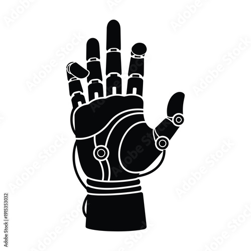 Robotic hand silhouette icon displaying an open palm with articulated mechanical joints representing advanced cybernetics, artificial intelligence, and prosthetic technology in a minimalist style.