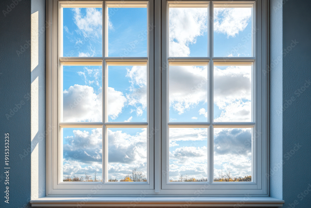 Fototapeta premium Bright blue sky with fluffy white clouds seen through a window