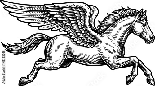 A detailed black and white illustration of the mythical winged horse in a dynamic galloping pose. This classic engraving style art evokes a sense of power and freedom.