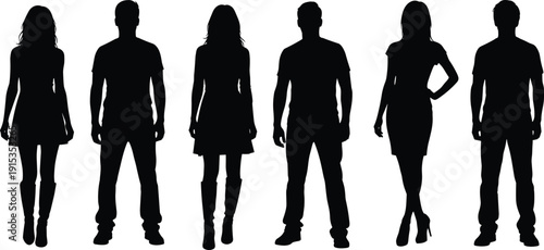 Black silhouette figures of men and women in casual and formal attire Keywords: people, silhouette, man, woman, male, female