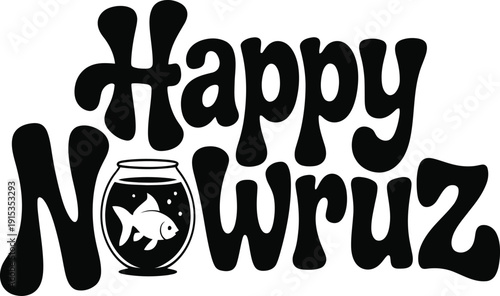 Happy nowruz greeting card with fish bowl