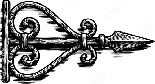 A detailed black and white illustration of an ornate wrought iron bracket with an arrowhead finial, designed for wall mounting.