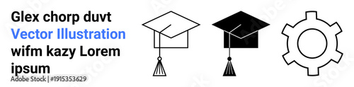 Two graduation caps representing academic achievement stand beside a gear shape symbolizing innovation and progress. Ideal for education, learning, innovation, academia, technology, research, simple
