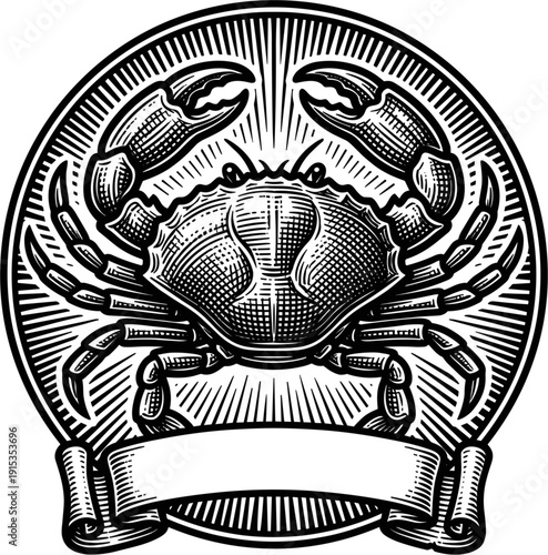 A black and white woodcut style illustration of a crab within a circular frame, featuring radiating lines and a blank ribbon banner at the bottom. Retro emblem design.