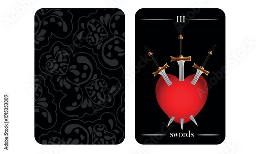 Three of Swords Tarot Card – Broken Heart with Three Swords, Dark Esoteric Vector Design