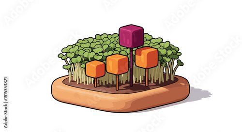 Growing sprouts with colorful cube-shaped vegetables on sticks, concept of healthy food and growth