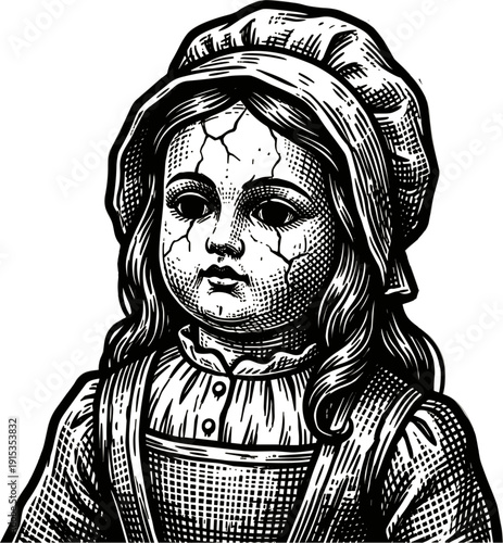 Close-up vintage engraving style portrait of a doll with a cracked porcelain face and an unsettling expression. Detailed hair and clothing are visible against a white background.