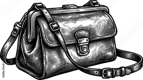A detailed sketch of a vintage doctor's bag. Features a textured leather appearance, buckle closures, and a strap. Presented in a classic black and white illustration style.