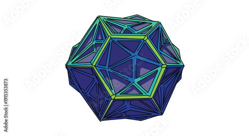 Abstract geometric 3D model of a geodesic dome structure with vibrant blue and green gradient colors on a white background