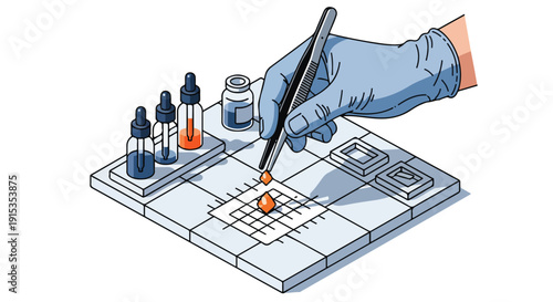 Close-up of a gloved hand using tweezers to place a sample in a laboratory grid for scientific research