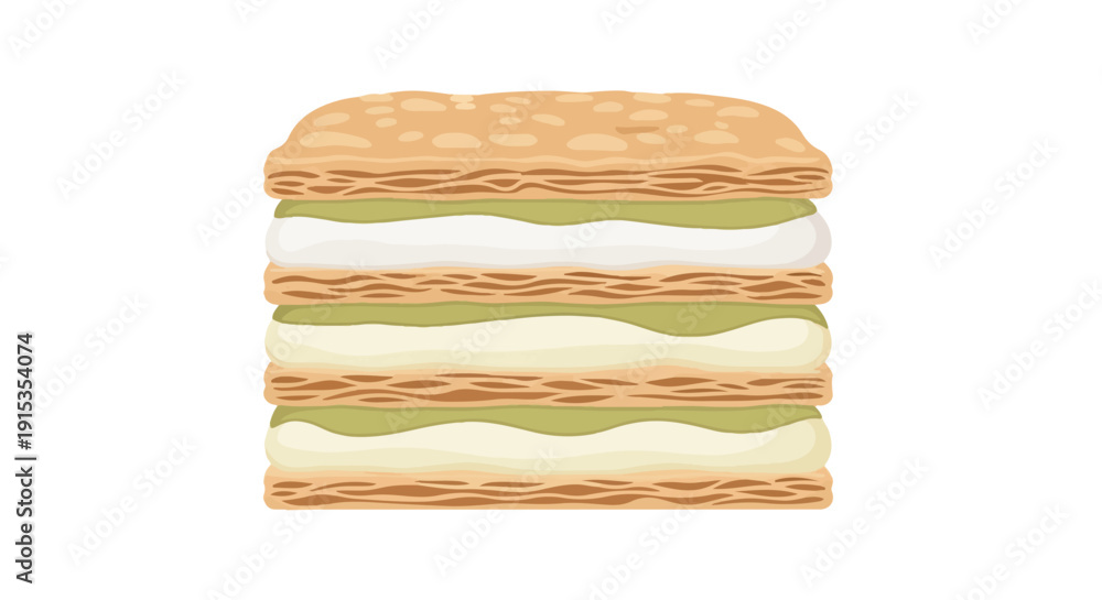 Fototapeta premium Vector illustration of a sweet layered dessert, possibly a mille-feuille or napoleon, with light green and white cream, isolated on a clean background.