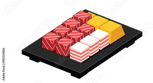 Delicious sushi platter with tuna, salmon, and tamago on black plate, isolated on white background